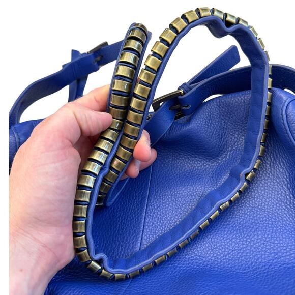 Kelsi Dagger Royal Blue Pebble Leather, Gold Studded Shoulder Crossbody Bag - Picture 11 of 14